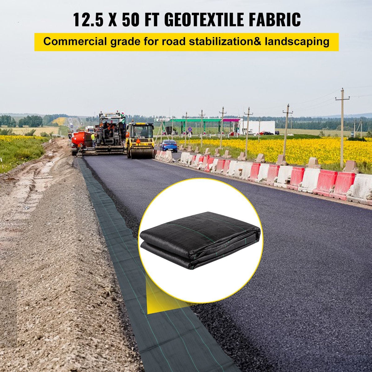 Geotextile Fabric, 12.5 x 50 ft 3.5oz Woven PP Driveway Drain Cloth with 600lbs Tensile Strength, Heavy Duty Underlayment for Soil Stabilization, Landscaping, Weed Barrier, 12.5FT50FT-3.5OZ, Bla