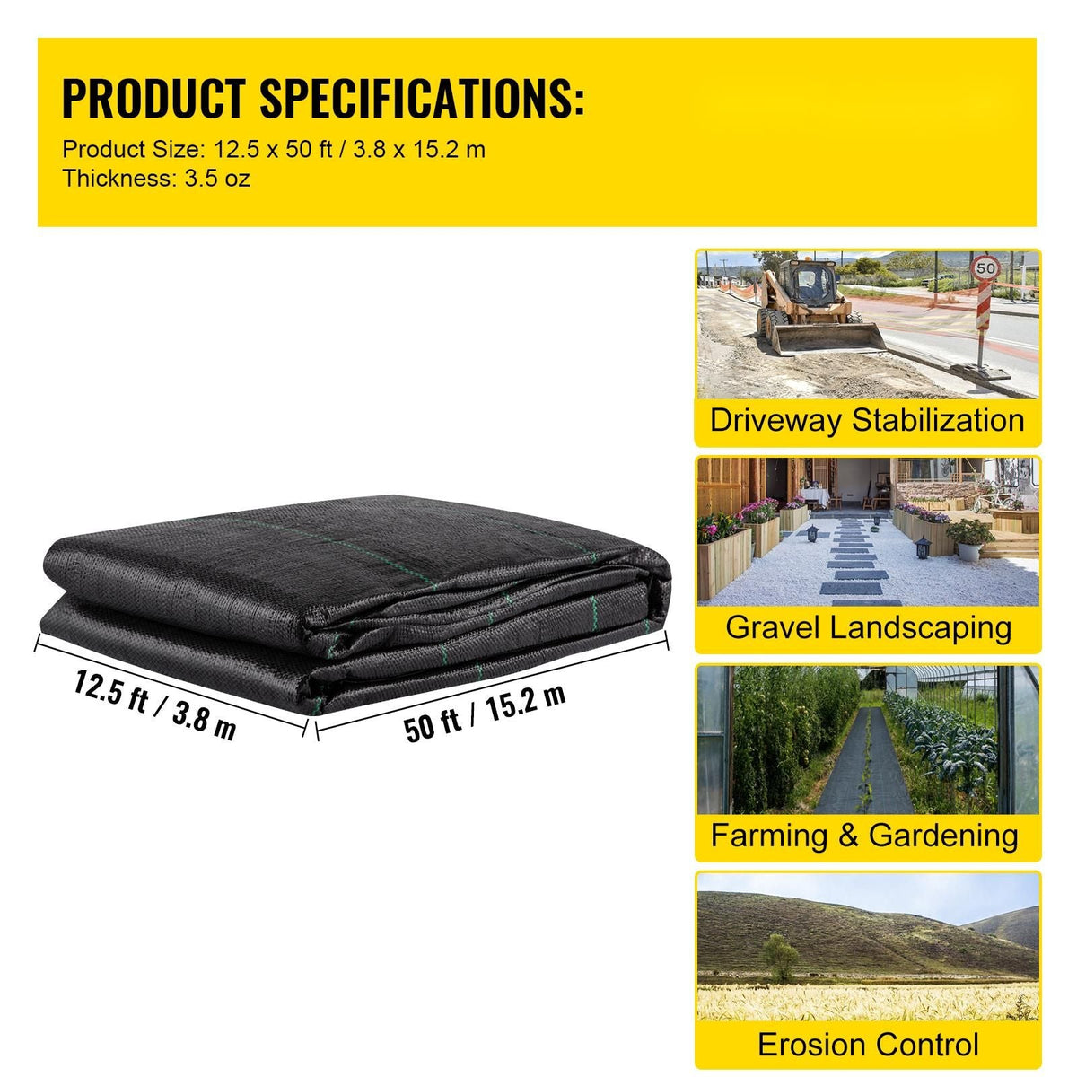 Geotextile Fabric, 12.5 x 50 ft 3.5oz Woven PP Driveway Drain Cloth with 600lbs Tensile Strength, Heavy Duty Underlayment for Soil Stabilization, Landscaping, Weed Barrier, 12.5FT50FT-3.5OZ, Bla