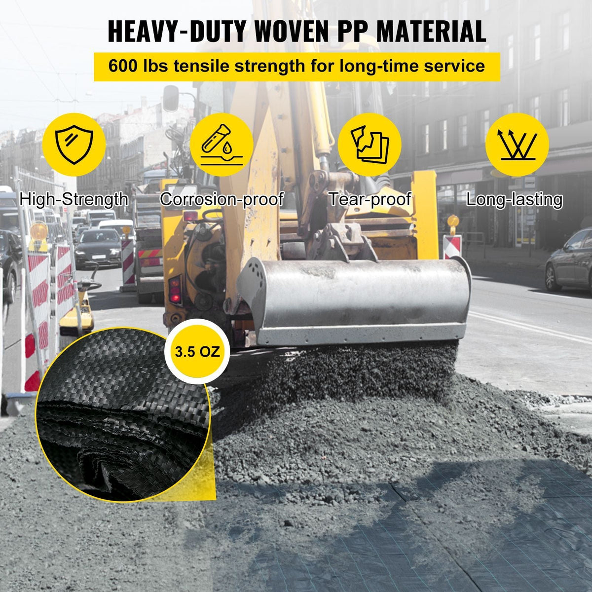 Geotextile Fabric, 12.5 x 50 ft 3.5oz Woven PP Driveway Drain Cloth with 600lbs Tensile Strength, Heavy Duty Underlayment for Soil Stabilization, Landscaping, Weed Barrier, 12.5FT50FT-3.5OZ, Bla