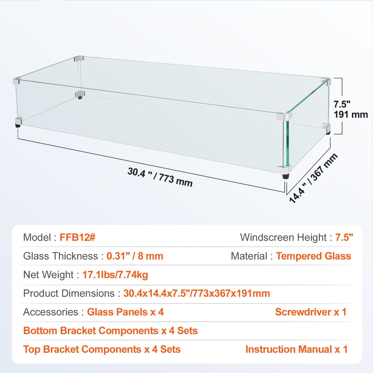 Glass Wind Guard for Rectangular Fire Pit Table 30 x 14 x 7.5 Inch, 0.31 inch Thick and Sturdy Tempered Glass Panel with Hard Aluminum Corner Bracket & Rubber Feet, Easy to Assemble