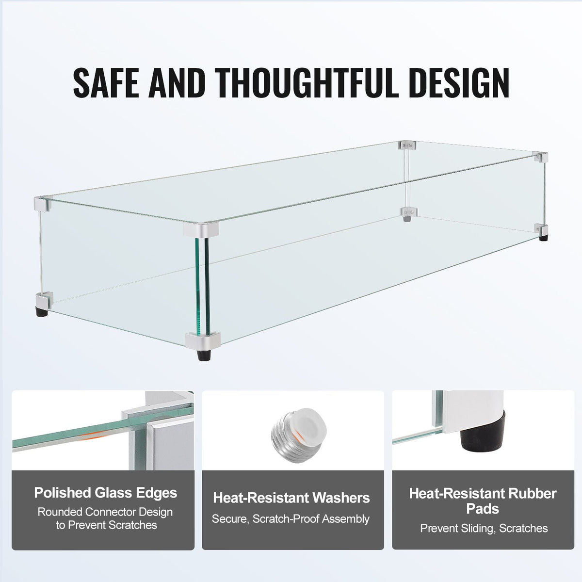 Glass Wind Guard for Rectangular Fire Pit Table 30 x 14 x 7.5 Inch, 0.31 inch Thick and Sturdy Tempered Glass Panel with Hard Aluminum Corner Bracket & Rubber Feet, Easy to Assemble