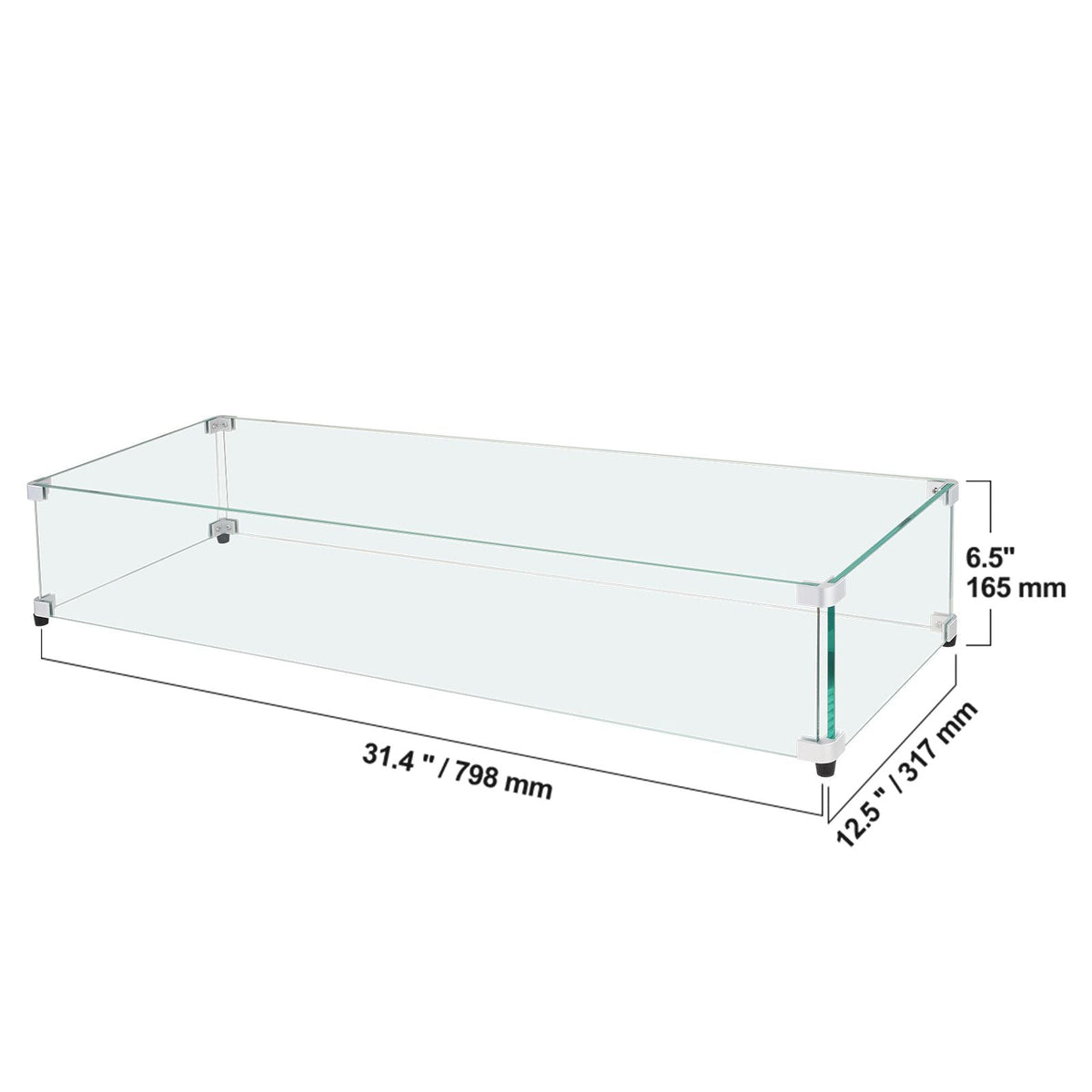 Glass Wind Guard for Rectangular Fire Pit Table 31 x 12.5 x 6.5 Inch, 0.31 inch Thick and Sturdy Tempered Glass Panel with Hard Aluminum Corner Bracket & Rubber Feet, Easy to Assemble