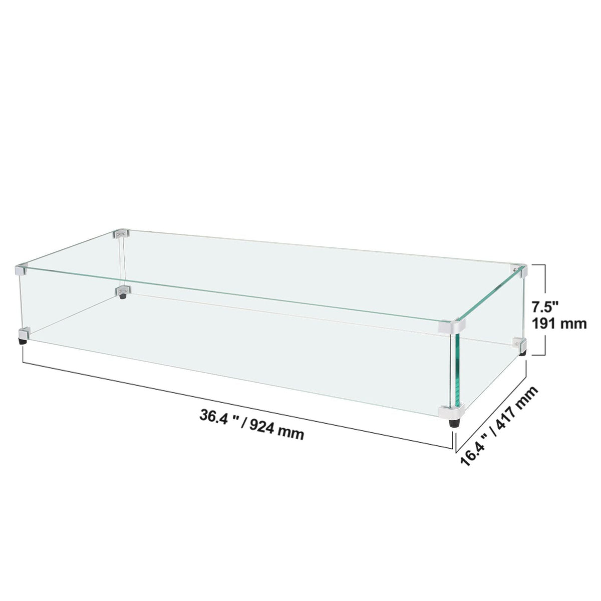 Glass Wind Guard for Rectangular Fire Pit Table 36 x 16 x 7.5 Inch, 0.31 inch Thick and Sturdy Tempered Glass Panel with Hard Aluminum Corner Bracket & Rubber Feet, Easy to Assemble