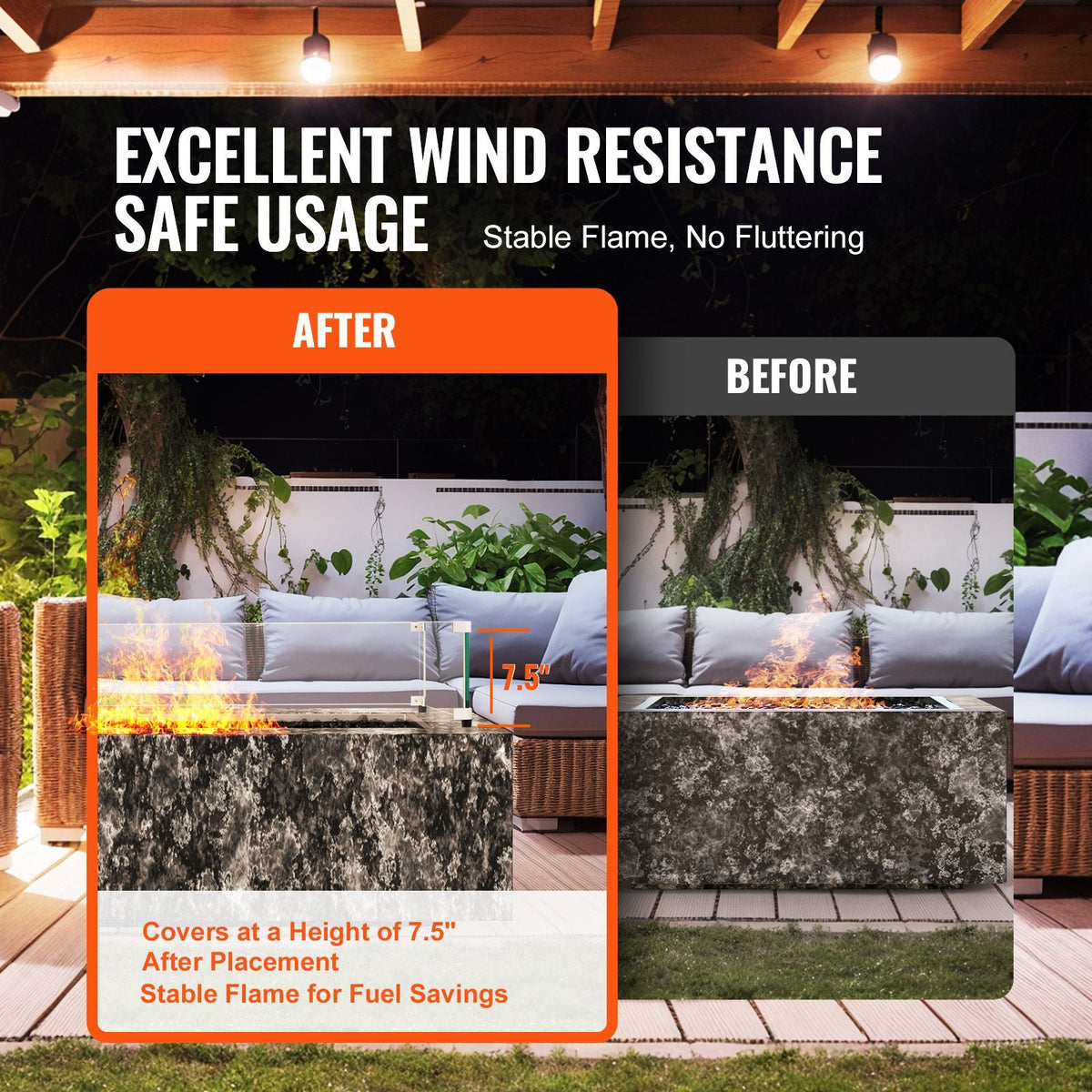 Glass Wind Guard for Rectangular Fire Pit Table 44 x 14 x 7.5 Inch, 0.31 inch Thick and Sturdy Tempered Glass Panel with Hard Aluminum Corner Bracket & Rubber Feet, Easy to Assemble