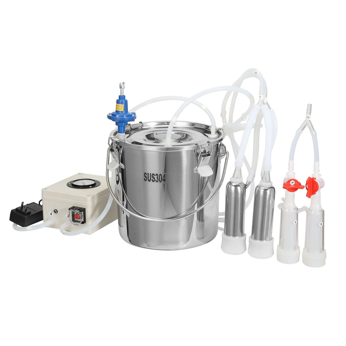 Goat Milking Machine, 12 L 304 Stainless Steel Bucket, Electric Automatic Pulsation Vacuum Milker, Portable Milker with Food-grade Silicone Cups and Tubes, Adjustable Suction for Cows and Sheep