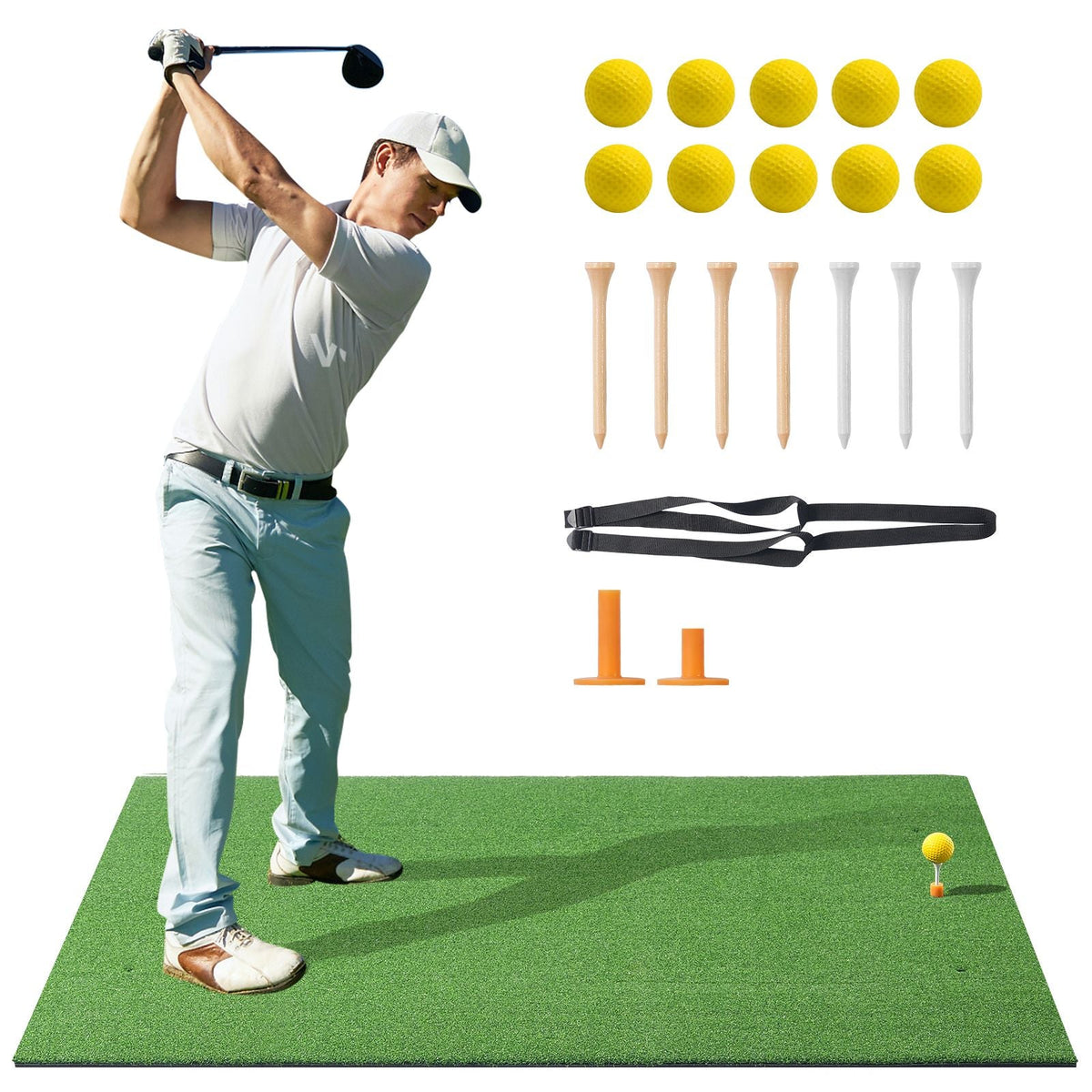 Golf Hitting Mat, 5x4ft Artificial Turf Golf Hitting Mat, Golf Hitting Training Aids with 10 Golf Balls, 9 Golf Tees, Golf Practice Hitting Mat for Backyard Driving Indoor Outdoor Training