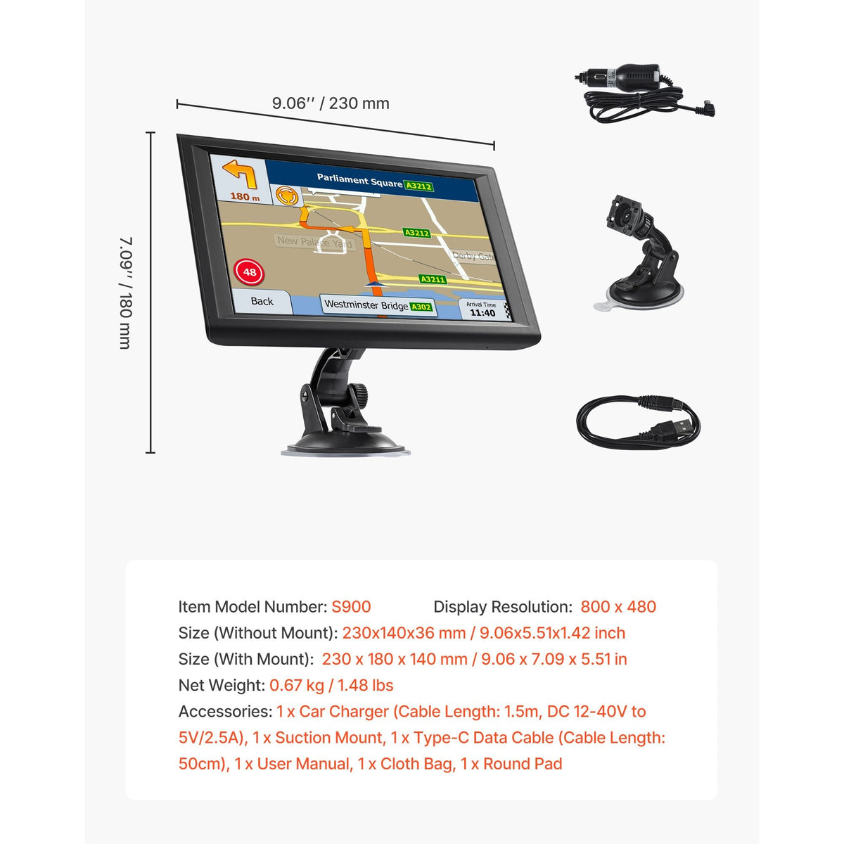 GPS Navigator for Car, 9 inch Touch Screen 16GB GPS Navigation System with Built-in Dash Cam, Voice Turn-by-Turn Guidance, Speed and Red Light Warning, Custom Truck Routing, for Car Truck RV