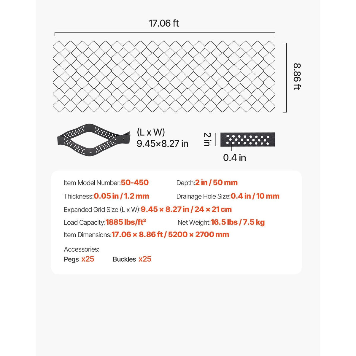 Gravel Grid, 2 Inch Depth, 17.06 x 8.86 FT / 5200 x 2700 mm, 1880 LBS Per Sq ft Grass Ground Retainer, Permeable Geo Grids Driveway Stabilization, for Garden, Patio, Walkway, RV Parking Slopes