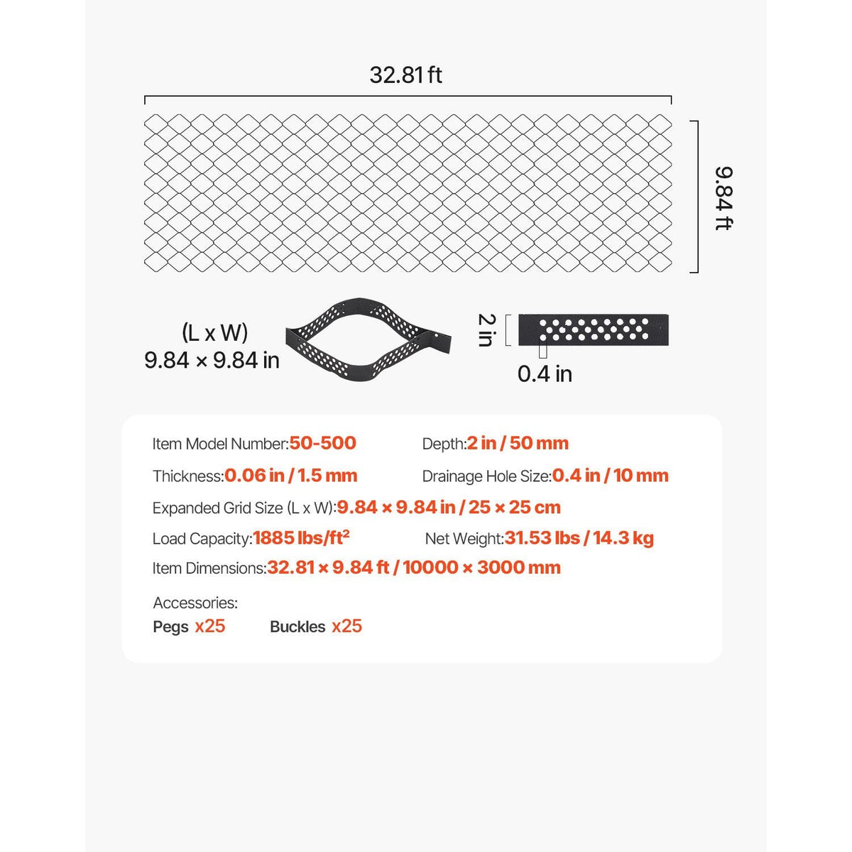 Gravel Grid, 2 Inch Depth, 32.81 x 9.84 FT / 10000 x 3000 mm, 1880 LBS Per Sq ft Grass Ground Retainer, Permeable Geo Grids Driveway Stabilization, for Garden, Patio, Walkway, RV Parking Slopes