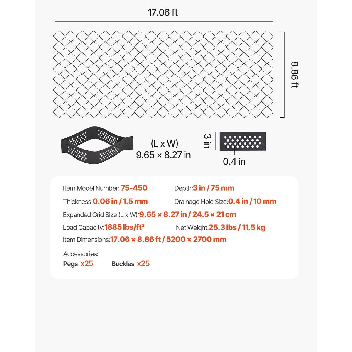 Gravel Grid, 3 Inch Depth, 17.06 x 8.86 FT / 5200 x 2700 mm, 1880 LBS Per Sq ft Grass Ground Retainer, Permeable Geo Grids Driveway Stabilization, for Garden, Patio, Walkway, RV Parking Slopes
