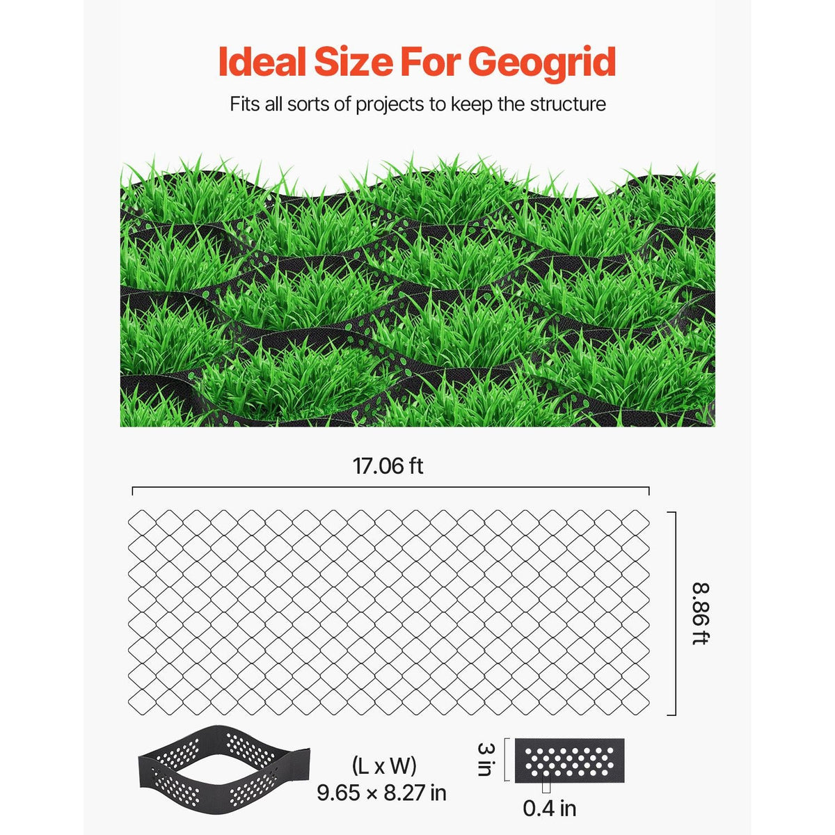 Gravel Grid, 3 Inch Depth, 17.06 x 8.86 FT / 5200 x 2700 mm, 1880 LBS Per Sq ft Grass Ground Retainer, Permeable Geo Grids Driveway Stabilization, for Garden, Patio, Walkway, RV Parking Slopes