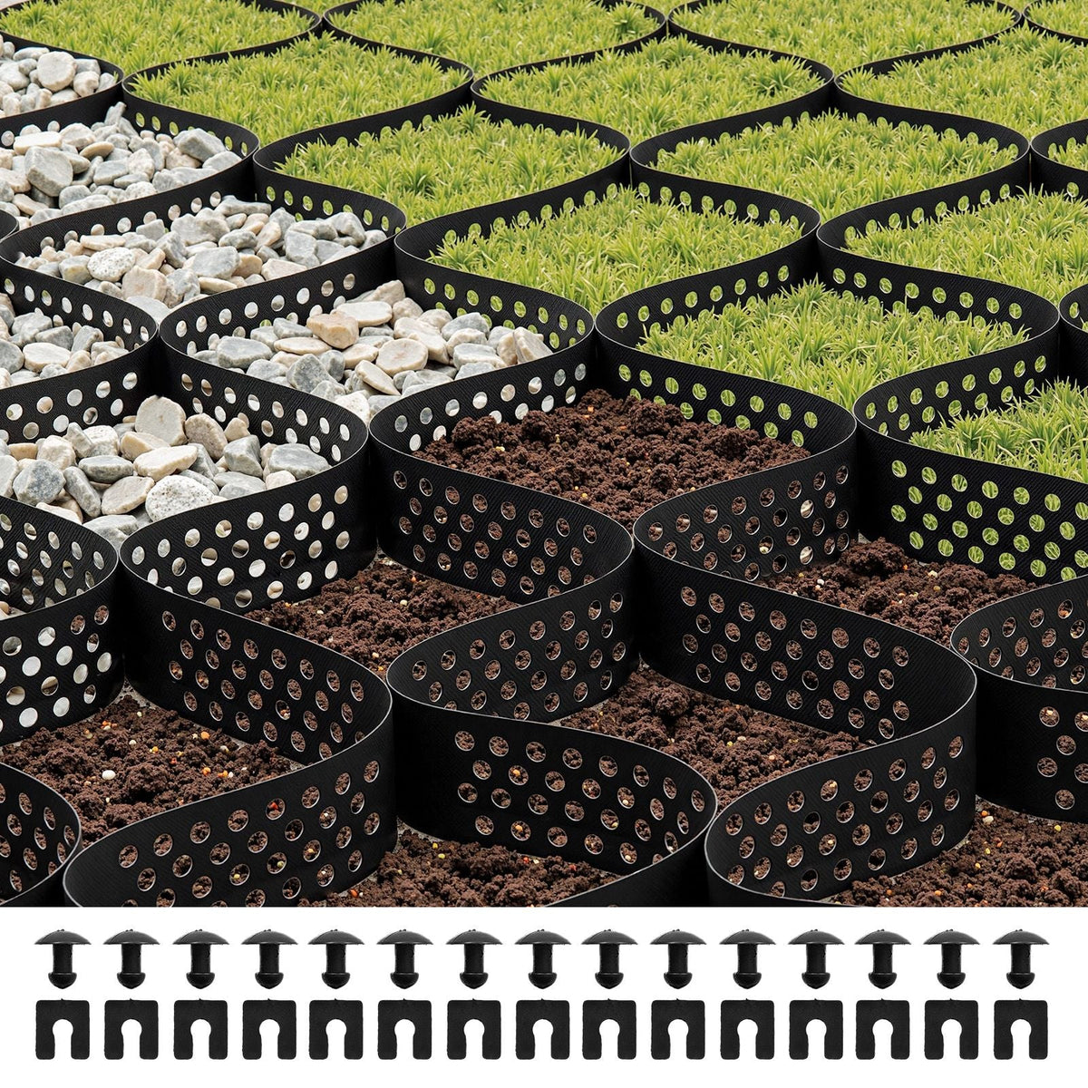 Gravel Grid, 3 Inch Depth, 17.06 x 8.86 FT / 5200 x 2700 mm, 1880 LBS Per Sq ft Grass Ground Retainer, Permeable Geo Grids Driveway Stabilization, for Garden, Patio, Walkway, RV Parking Slopes