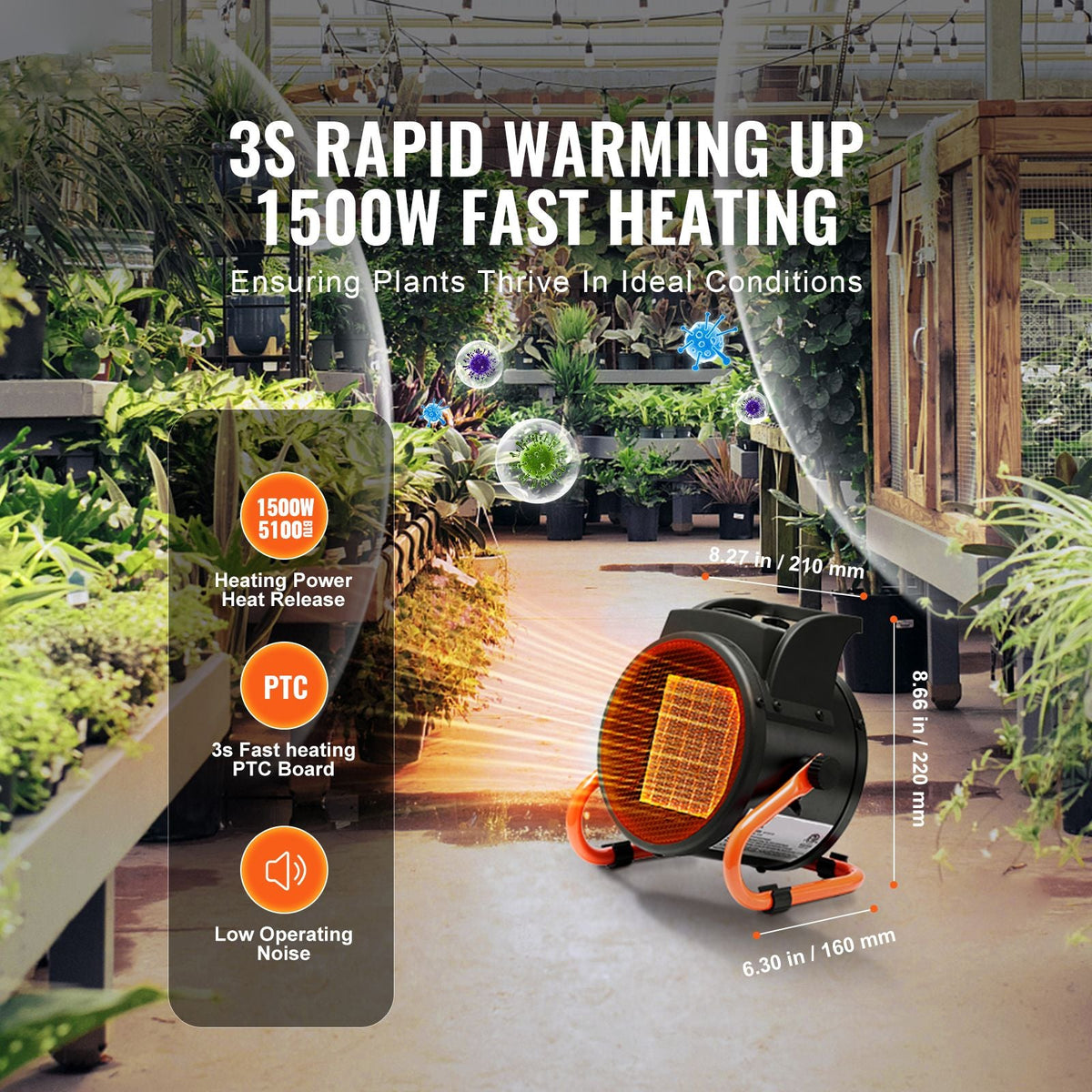 Greenhouse Heater with Thermostat, 1500W PTC Fast Heating with Overheat Protection, 3-Speed Setting Small Grow Tent Heater, Electric Portable Heater Fan for Green House, Flower Room, Workplace