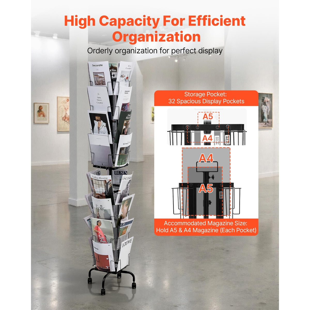 Greeting Cards Display Rack, 32 Pockets Rotating Postcard Brochure Display Stand, 360° Spinning Card Display Rack with Sign Holder & 4 Wheels (2 Lockable) for Exhibitions Office Trade Show