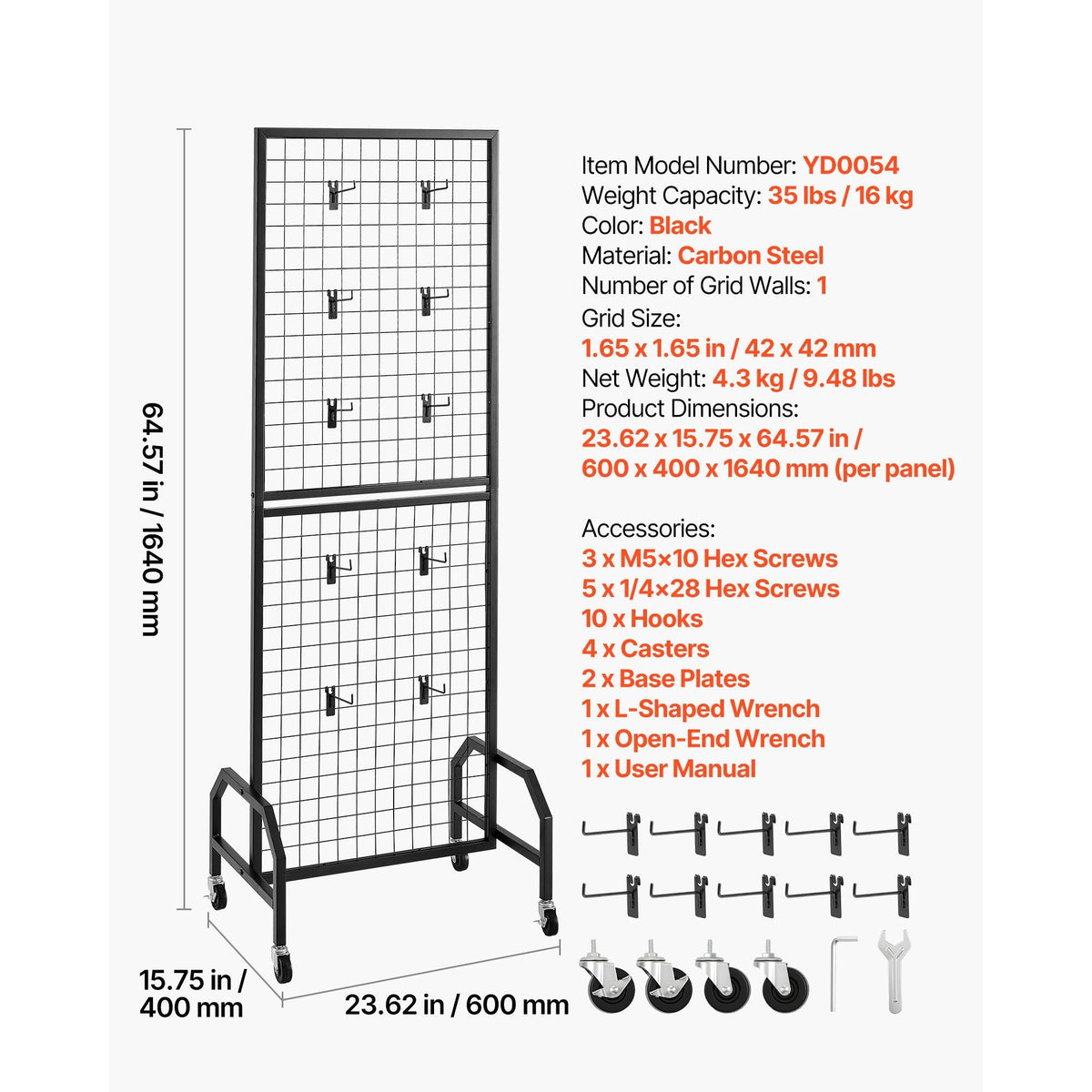 Grid Wall Panel, 1.9 x 5.4 ft Wire Grid Panels Display Rack, Movable Art Display Shelf with Wheels and 10 Hooks, Black Carbon Steel Gridwall for Craft Show, Decoration, Storage, Notice Board