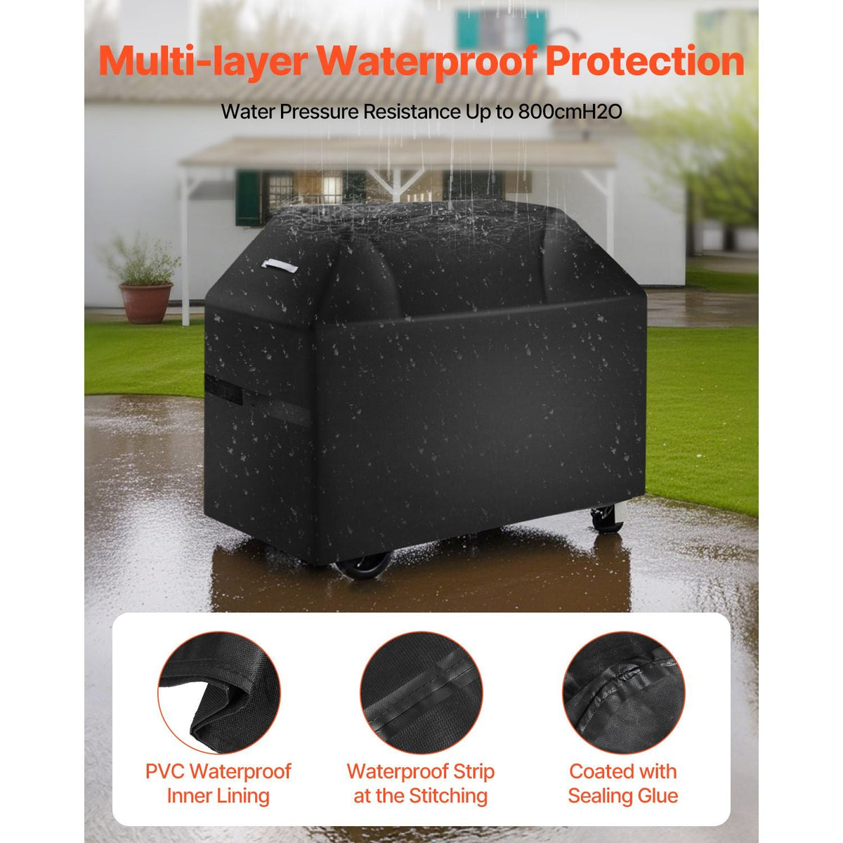Grill Cover, 52 inch BBQ Covers for Outdoor Grills, Waterproof, Fade Resistant, Weather Resistant Heavy Duty 600D Polyester, Easy On/Off, with Hook-and-Loop Straps, Black