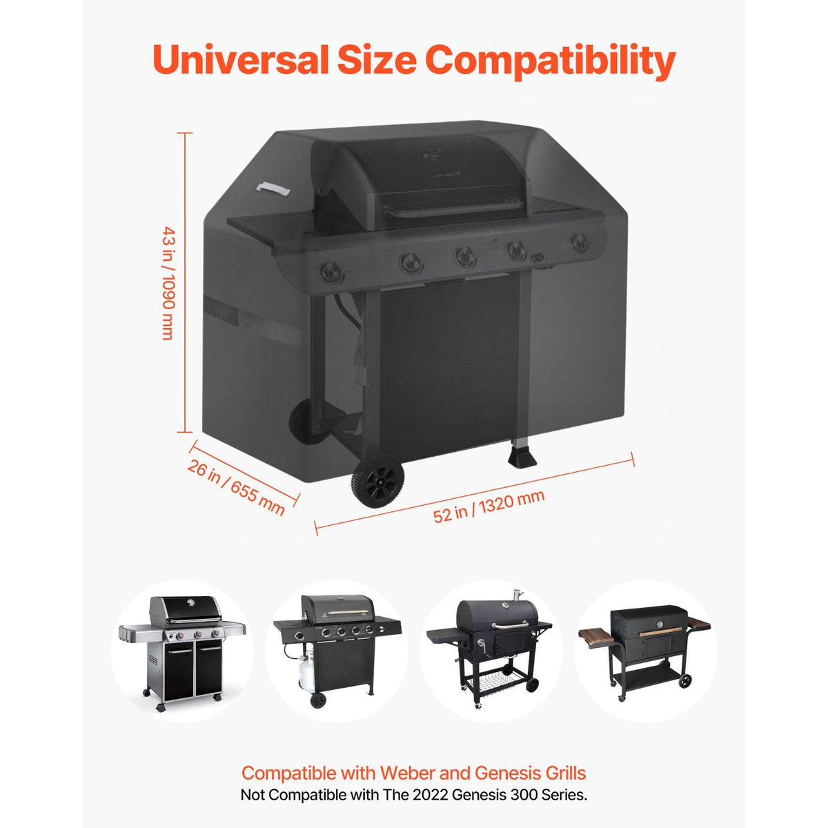 Grill Cover, 52 inch BBQ Covers for Outdoor Grills, Waterproof, Fade Resistant, Weather Resistant Heavy Duty 600D Polyester, Easy On/Off, with Hook-and-Loop Straps, Black