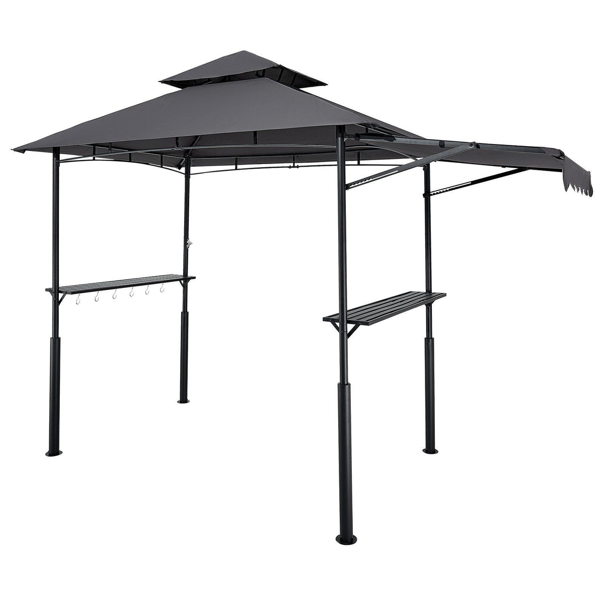 Grill Gazebo, 8 x 5 ft Double-Tiered Top, BBQ Gazebo with Extra Awning, Powder-Coated Steel Patio Grill Shelter with 2 Side Shelves, Bottle Opener & Hooks, Outdoor Grilling Canopy for Garden