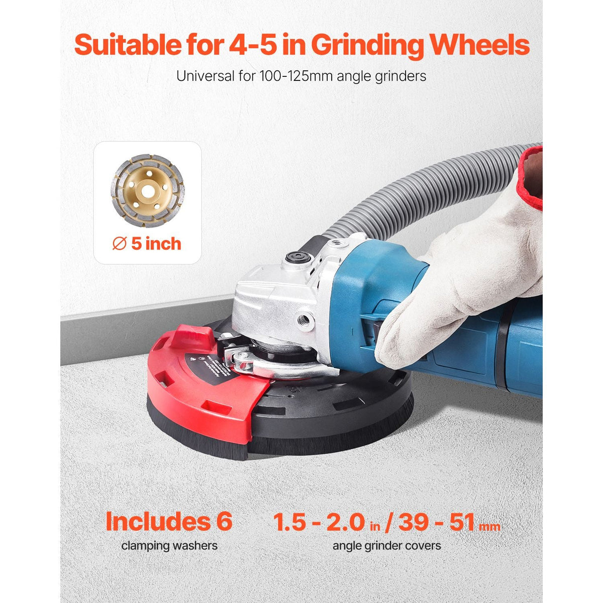 Grinding Dust Shroud for Angle Grinder, Universal 4-5 in, Surface Grinder Dust Shroud with 6 Clamping Washers & 5 in Diamond Grinding Cup Wheel, Connect to Vacuum Cleaner, for Wood Concrete Wall