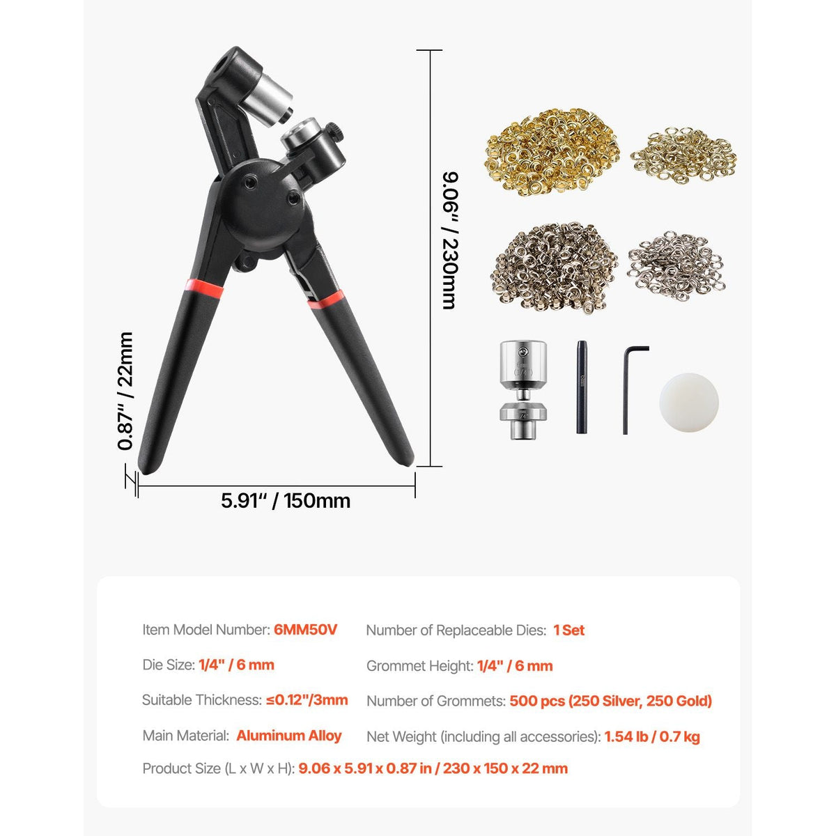 Grommet Tool Kit, 500 PCS 1/4 Inch Metal Eyelets Grommets in Gold and Silver, Eyelet Kit with Manual Grommet Press Pliers, Hole Punch, and Block, for Leather Tarp Shoes Crafts Fabric Belt