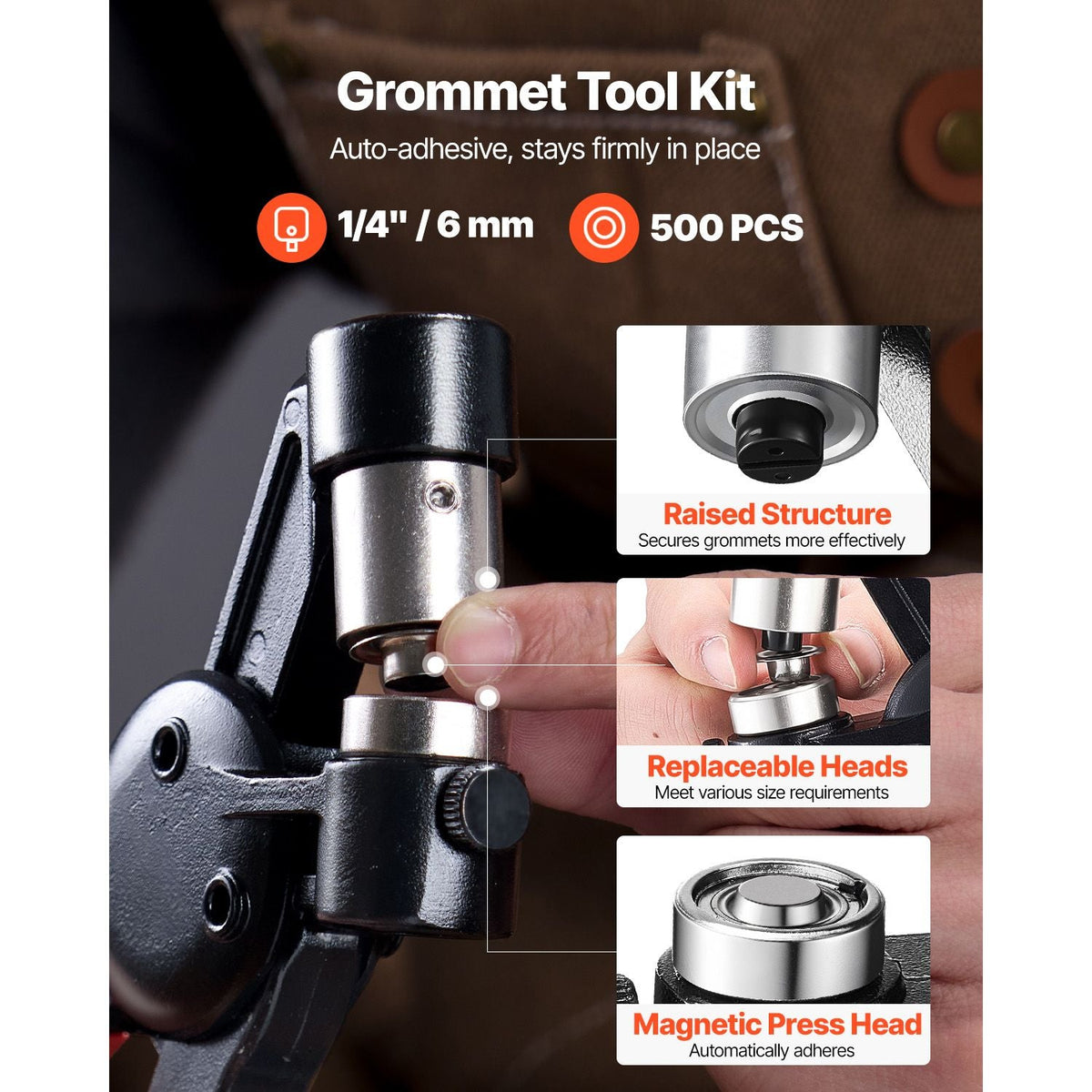 Grommet Tool Kit, 500 PCS 1/4 Inch Metal Eyelets Grommets in Gold and Silver, Eyelet Kit with Manual Grommet Press Pliers, Hole Punch, and Block, for Leather Tarp Shoes Crafts Fabric Belt
