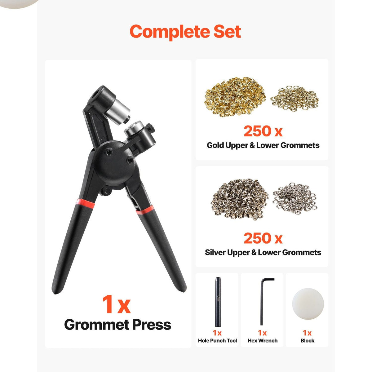 Grommet Tool Kit, 500 PCS 1/4 Inch Metal Eyelets Grommets in Gold and Silver, Eyelet Kit with Manual Grommet Press Pliers, Hole Punch, and Block, for Leather Tarp Shoes Crafts Fabric Belt