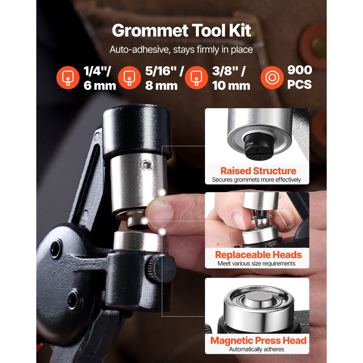 Grommet Tool Kit, 900 PCS 1/4 Inch 5/16 Inch 3/8 Inch Multi Size Metal Eyelets Grommets, Eyelet Kit with Manual Grommet Press Pliers, Hole Punch, and Block, for Leather Tarp Shoes Crafts Fabric