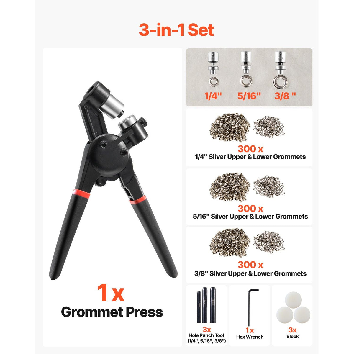 Grommet Tool Kit, 900 PCS 1/4 Inch 5/16 Inch 3/8 Inch Multi Size Metal Eyelets Grommets, Eyelet Kit with Manual Grommet Press Pliers, Hole Punch, and Block, for Leather Tarp Shoes Crafts Fabric