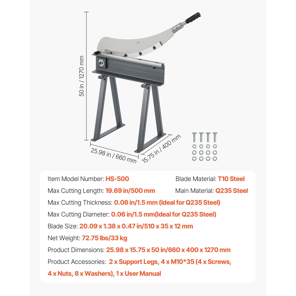 Guillotine Shear, 20 in Bed Width Benchtop Cutter, Manual Hand Plate Shear for Metal Sheet Processing, with Q235 Material, High Precision, Stand, for PCB Board, Aluminum, Steel, Copper, Plastic