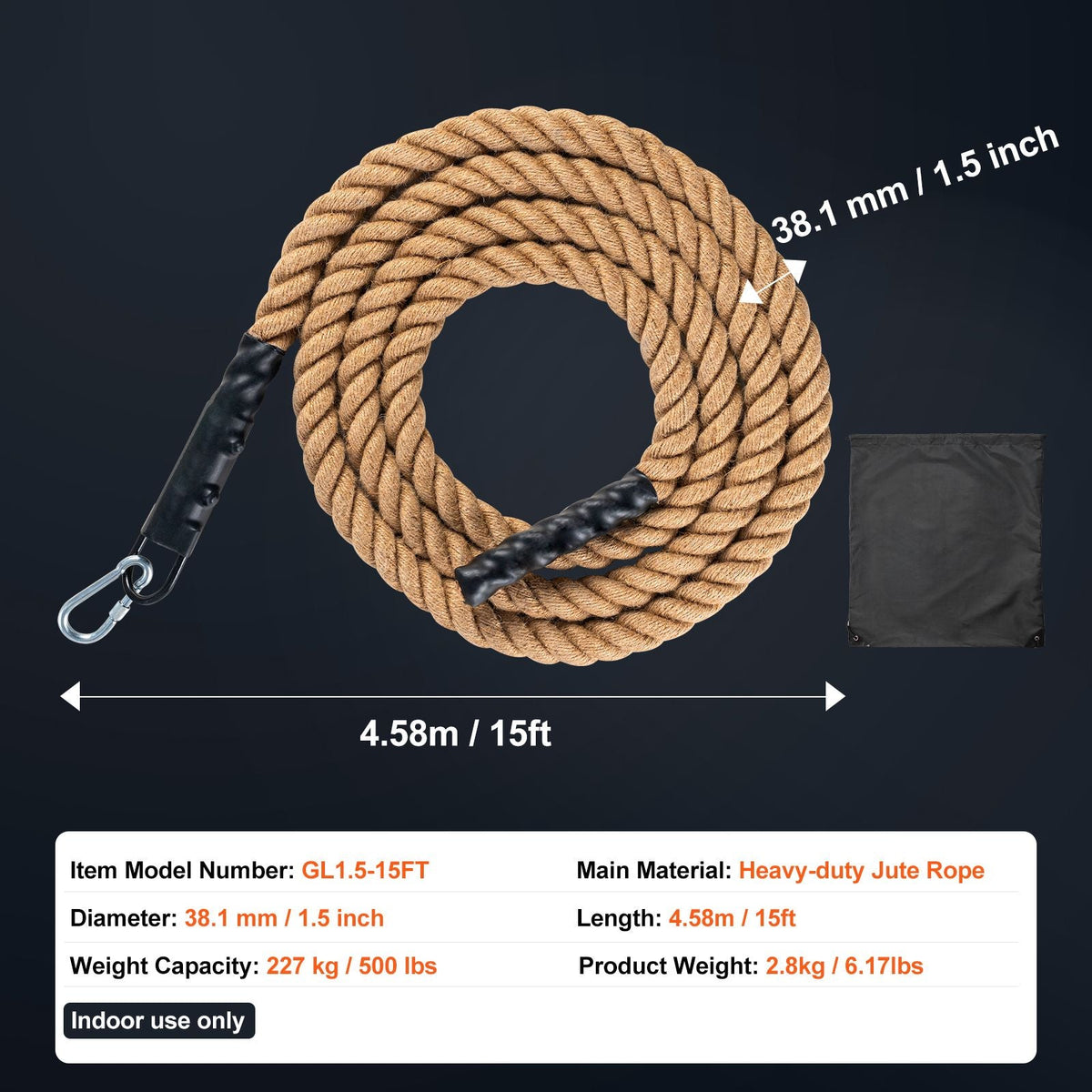 Gym Climbing Rope, 1.5" Diameter 15 ft Length Gym Fitness Training Rope, Gym Exercise Workout Rope for Adults, Climbing Rope for Fitness and Strength Training, Climbing Exercise, Home Workout
