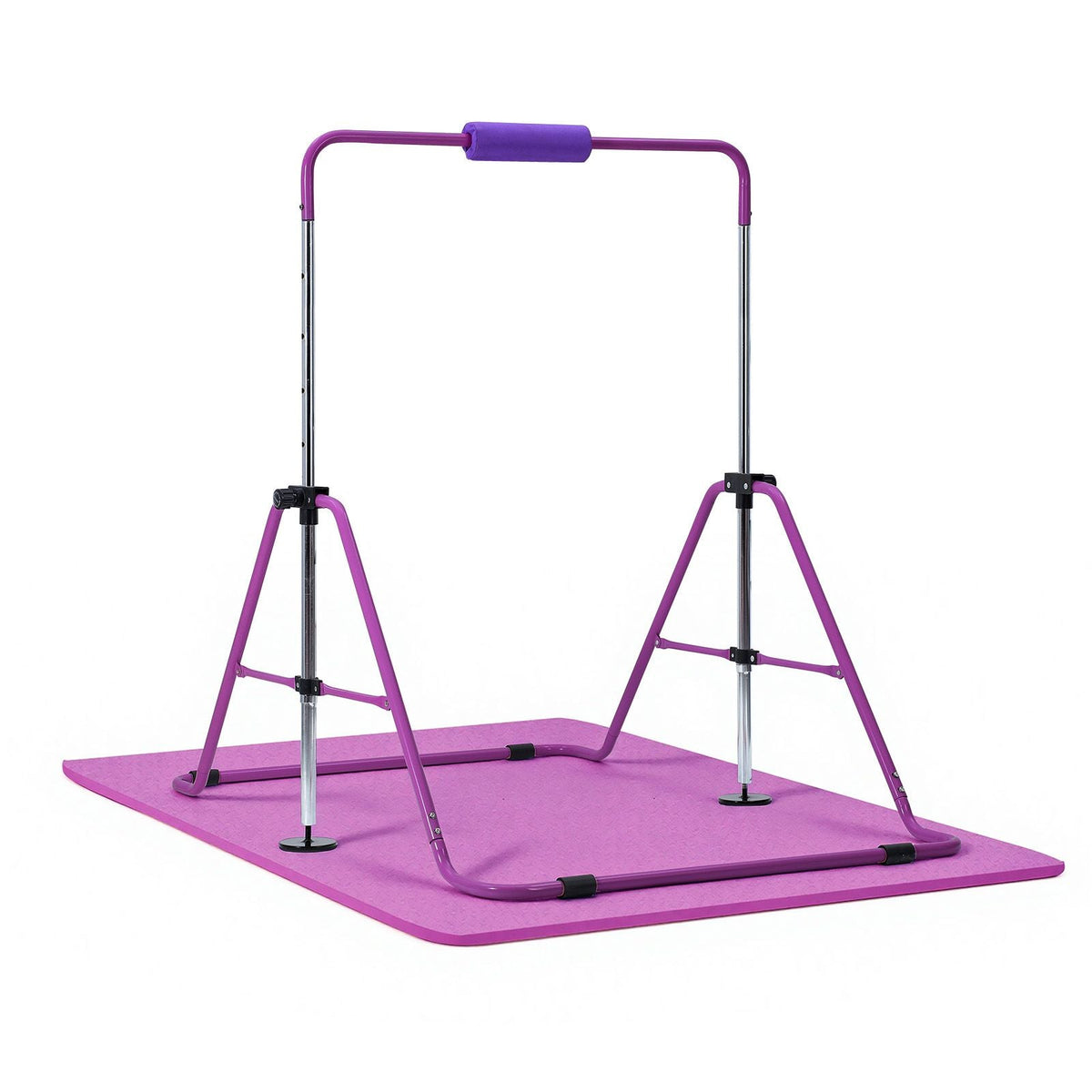 Gymnastic Bars for Kids, 140 lbs Capacity Folding Training Kip Bar with Mat, Adjustable Height Gymnastic Horizontal Bar for Home, Training Equipment for Indoor Outdoor, Easy to Assemble, Purple