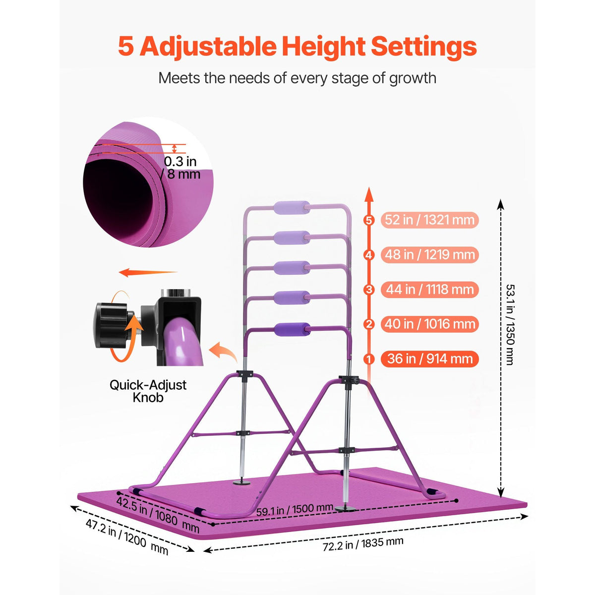 Gymnastic Bars for Kids, 140 lbs Capacity Folding Training Kip Bar with Mat, Adjustable Height Gymnastic Horizontal Bar for Home, Training Equipment for Indoor Outdoor, Easy to Assemble, Purple