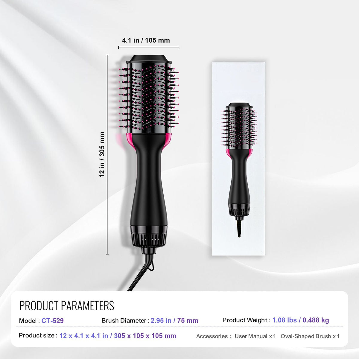 Hair Blow Dryer Brush, 4 in 1 Ionic Hair Dryer and Styler Volumizer with 2.95" Ceramic Coating Oval Barrel & 3 Heat Settings, Professional Hot Air Styling Brush for Straightening Drying Curling