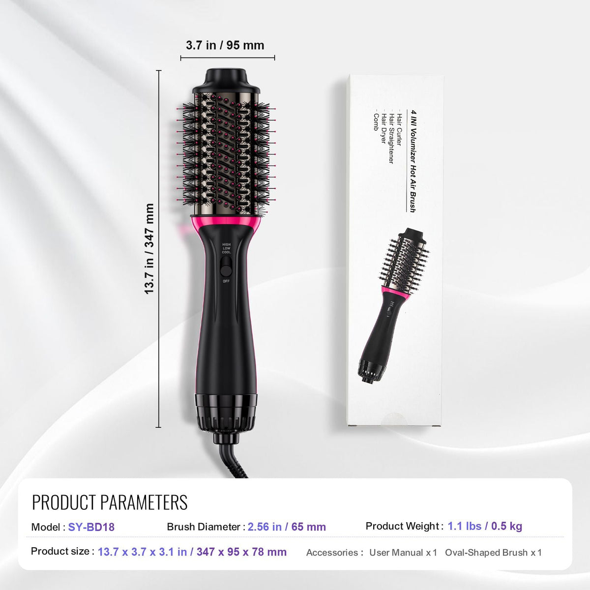 Hair Blow Dryer Brush, 4 in 1 Ionic Hair Dryer Styler and Volumizer with Electroplated Titanium & 2.56" Ceramic Coating Oval Barrel, 3-Temp Hot Air Styling Brush for Drying Straightening Curling