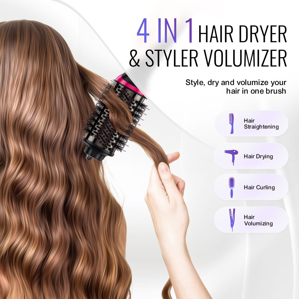 Hair Blow Dryer Brush, 4 in 1 Ionic Hair Dryer Styler and Volumizer with Electroplated Titanium & 2.56" Ceramic Coating Oval Barrel, 3-Temp Hot Air Styling Brush for Drying Straightening Curling