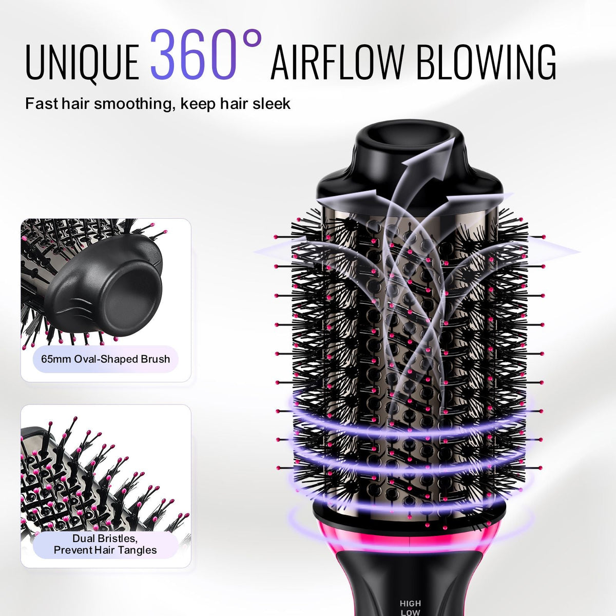 Hair Blow Dryer Brush, 4 in 1 Ionic Hair Dryer Styler and Volumizer with Electroplated Titanium & 2.56" Ceramic Coating Oval Barrel, 3-Temp Hot Air Styling Brush for Drying Straightening Curling