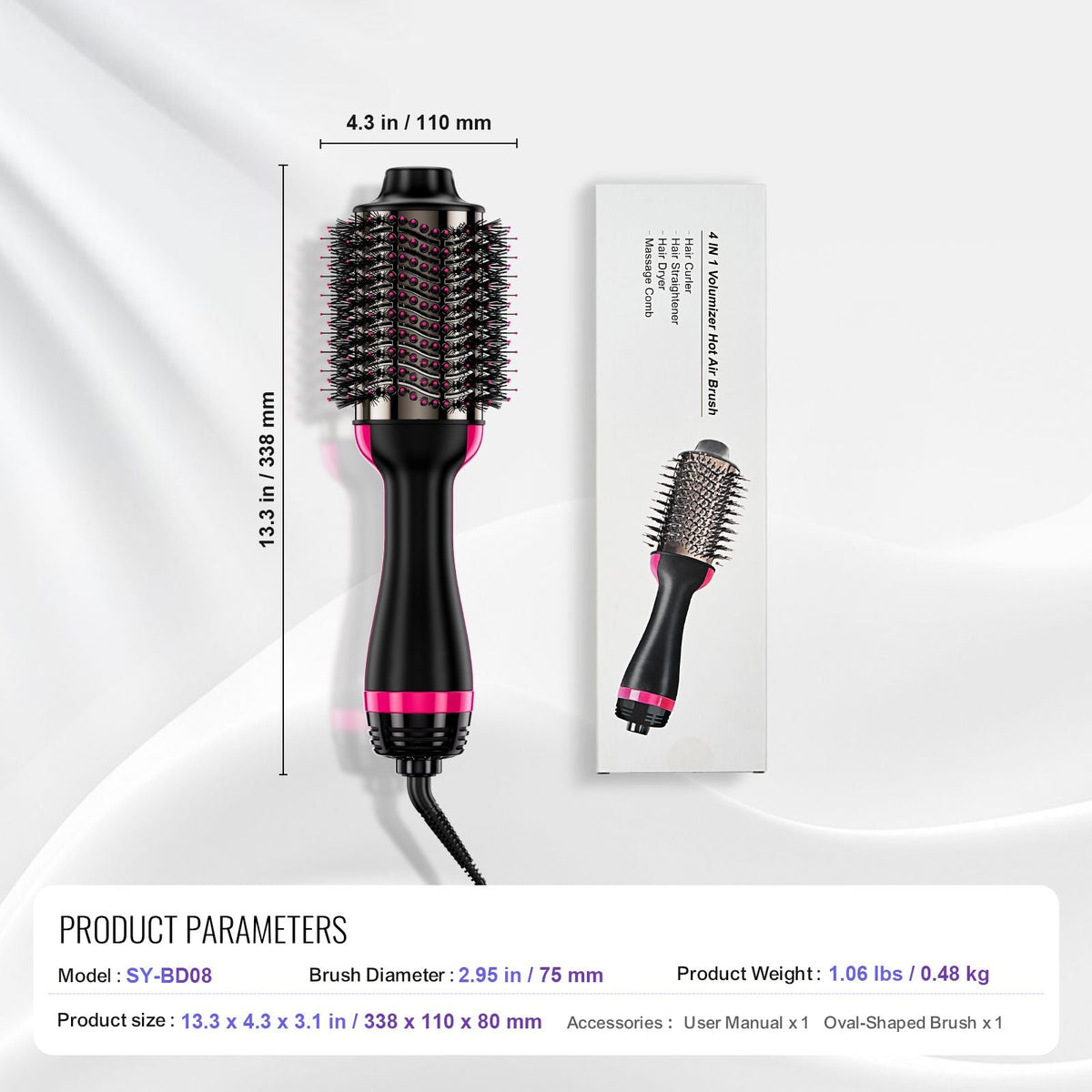 Hair Blow Dryer Brush, 4 in 1 Ionic Hair Dryer Styler and Volumizer with Electroplated Titanium & 2.95" Ceramic Coating Oval Barrel, 3-Temp Hot Air Styling Brush for Drying Straightening Curling
