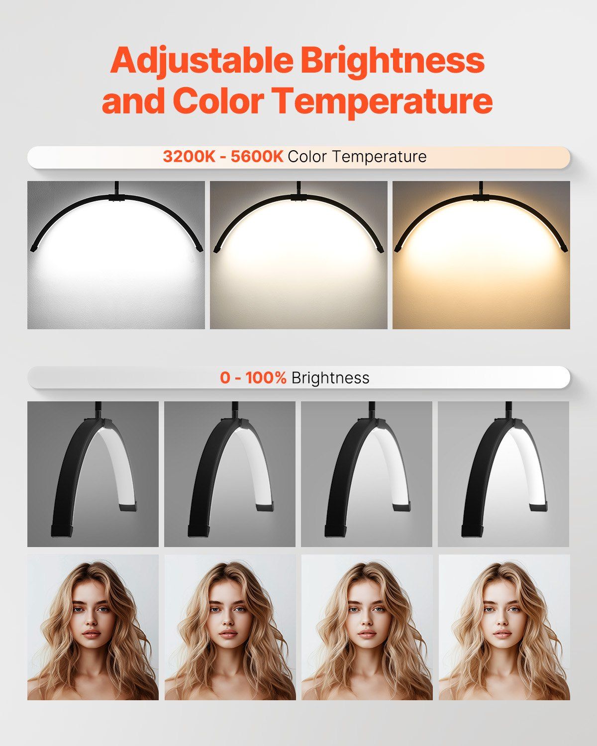 Half Moon Light for Esthetician 26inch Dimmable LED Floor Lamp Lash Light Arched