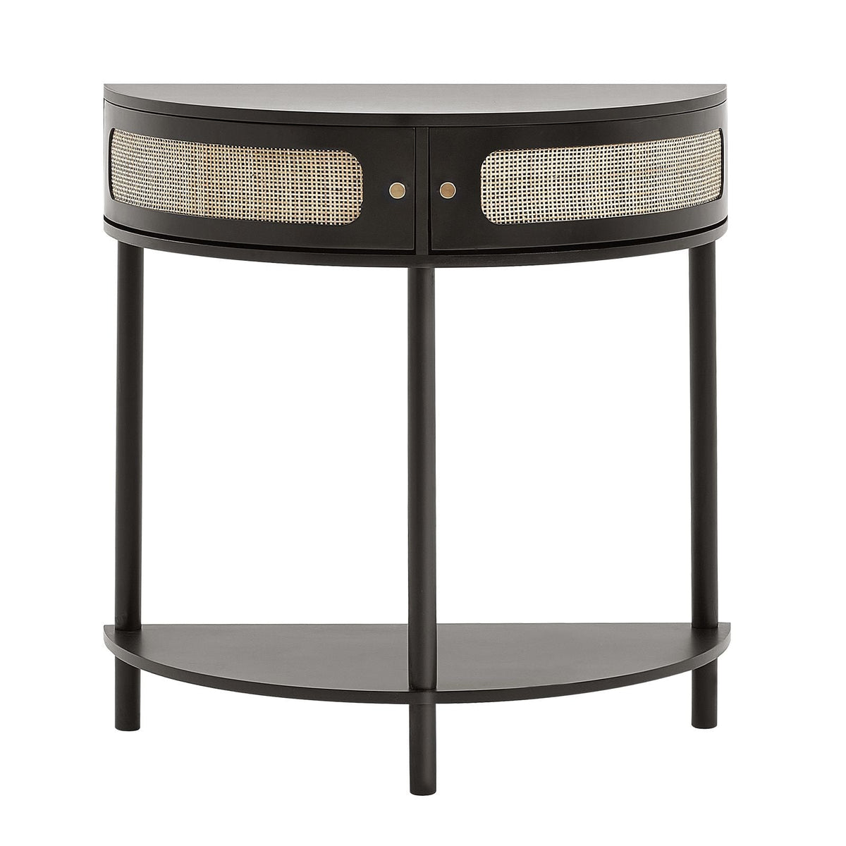 Half-moon Rattan Console Table with 2 Drawers, Rattan Entryway Table with Natural Rattan Sliding Door, Console Table with Storage for Living Room, Study, Entryway Or TV Wall, Black