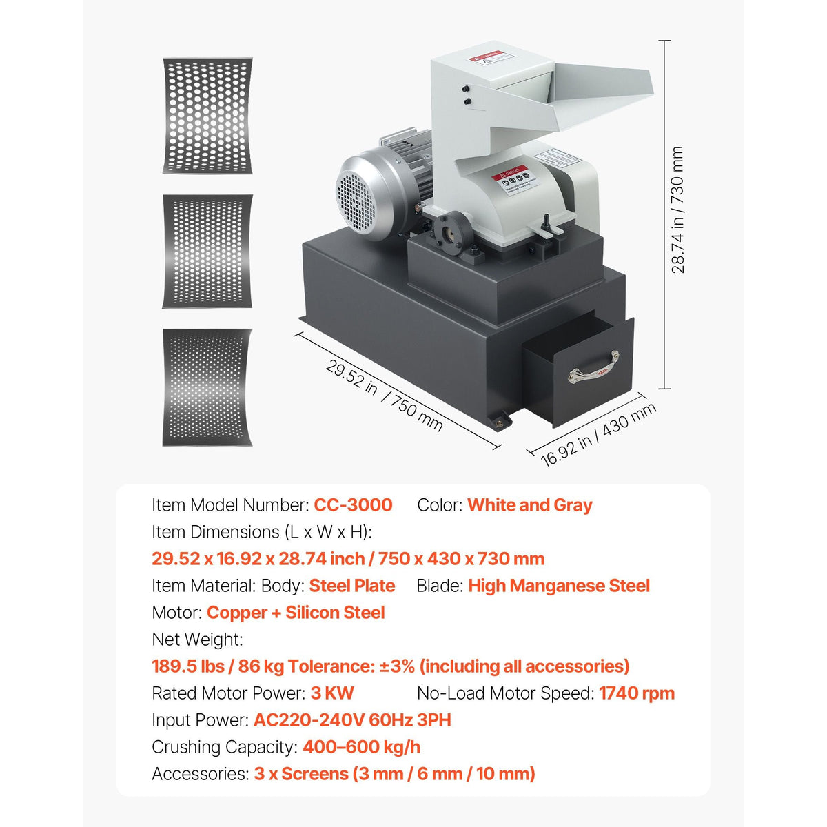 Hammer Crusher, 3KW 220V Electric Rock Stone Shatter Grinder, Glass Crushing Machine with 400 to 600 kg/h Crushing Capacity, Coal Crusher Milling Machine with 0.12/0.24/0.4 inch Sieve Screens