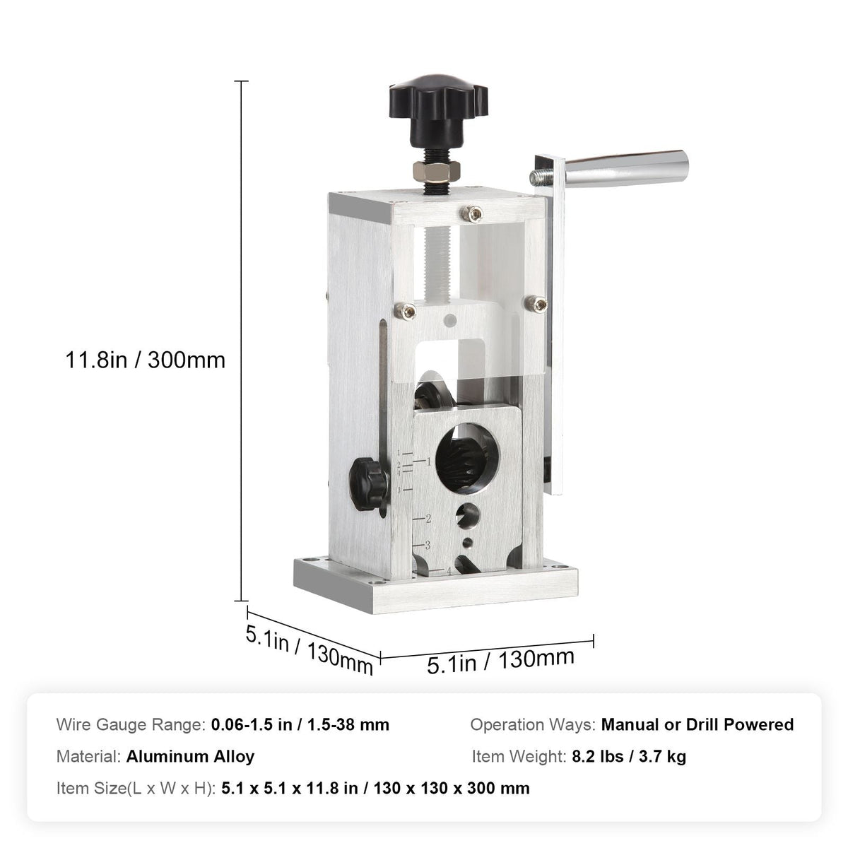 Hand-Operated Wire Stripper, 0.06''-1.5'' Cable Removal Tool, Drill Attachment Option, Clear Depth Gauge, Lightweight Aluminum Build for Efficient Copper Scrap Processing