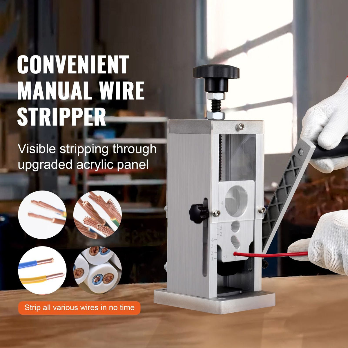 Hand-Operated Wire Stripper, 0.06''-1.5'' Cable Removal Tool, Drill Attachment Option, Clear Depth Gauge, Lightweight Aluminum Build for Efficient Copper Scrap Processing