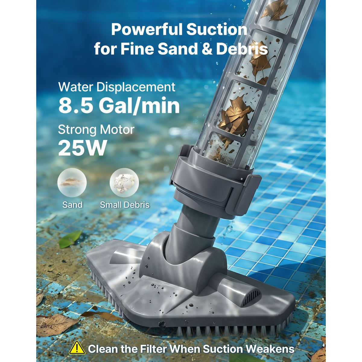 Handheld Pool Vacuum, 8.5 GPM Cordless Spa Hot Tub Vacuum with Extension Pole and 2 Brush Heads, 60 Mins Running Time, for Small Debris, Sand, Rechargeable Pool Cleaner for Above Ground Pools
