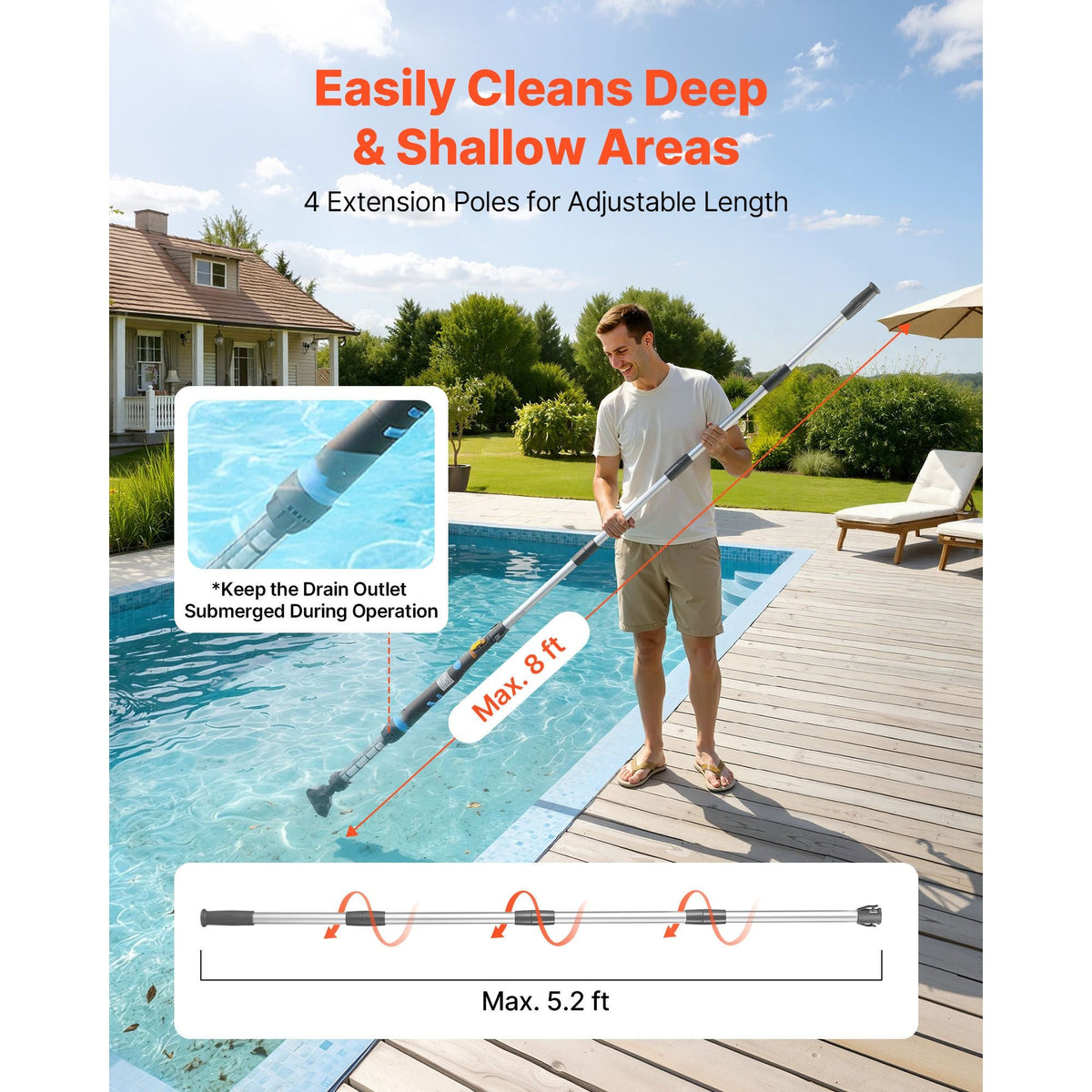 Handheld Pool Vacuum, 8.5 GPM Cordless Spa Hot Tub Vacuum with Extension Pole and 2 Brush Heads, 60 Mins Running Time, for Small Debris, Sand, Rechargeable Pool Cleaner for Above Ground Pools