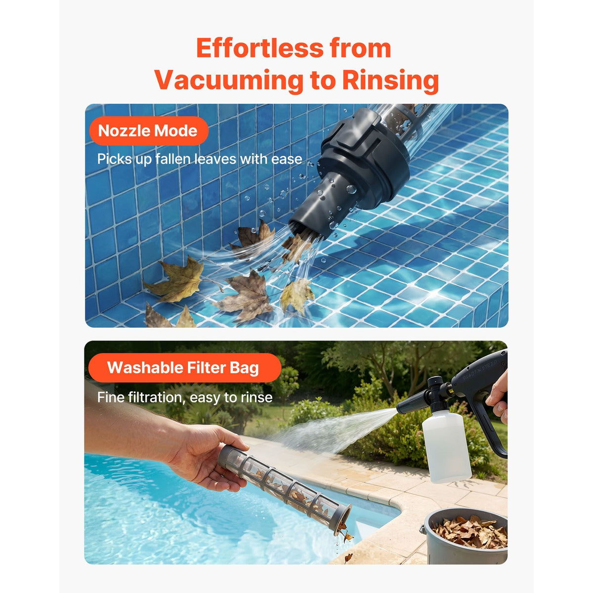 Handheld Pool Vacuum, 8.5 GPM Cordless Spa Hot Tub Vacuum with Extension Pole and 2 Brush Heads, 60 Mins Running Time, for Small Debris, Sand, Rechargeable Pool Cleaner for Above Ground Pools
