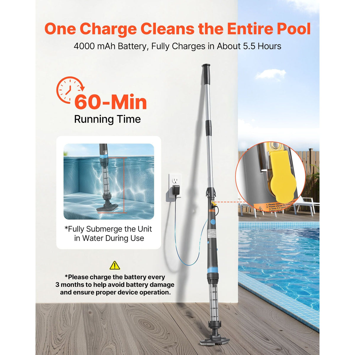 Handheld Pool Vacuum, 8.5 GPM Cordless Spa Hot Tub Vacuum with Extension Pole and 2 Brush Heads, 60 Mins Running Time, for Small Debris, Sand, Rechargeable Pool Cleaner for Above Ground Pools