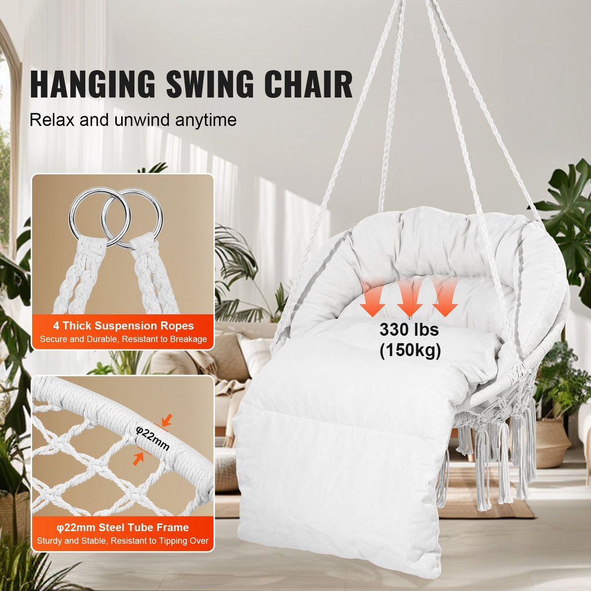 Hanging Hammock Swing Chair, 330 Lbs Capacity, Macramé Hanging Chair with Cushion and Mounting Hardware, Cotton Rope Swing Chair for Bedroom, Balcony, Patio, Garden, Beige