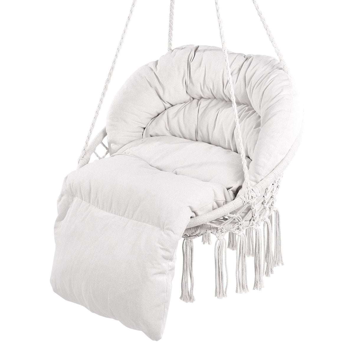 Hanging Hammock Swing Chair, 330 Lbs Capacity, Macramé Hanging Chair with Cushion and Mounting Hardware, Cotton Rope Swing Chair for Bedroom, Balcony, Patio, Garden, Beige
