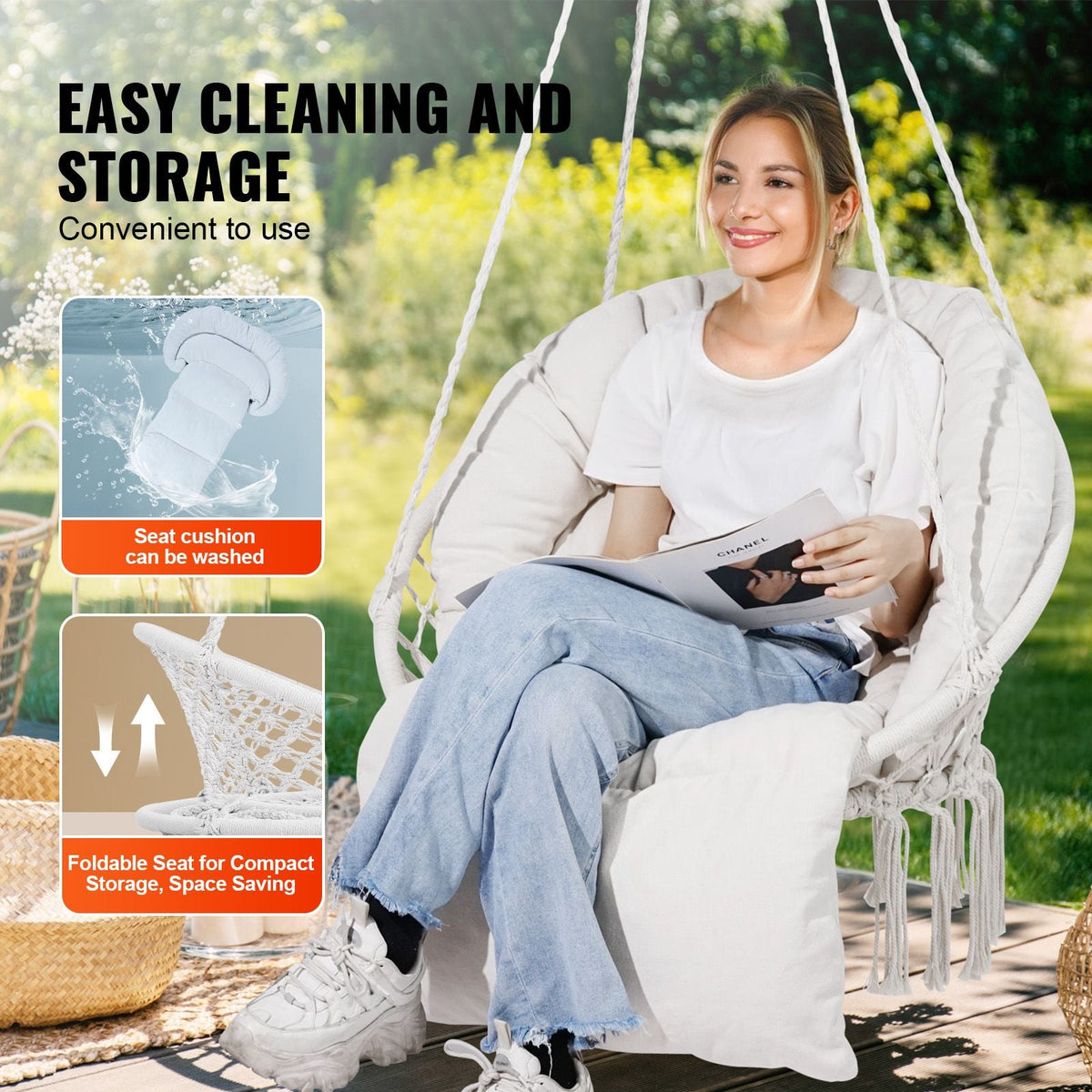 Hanging Hammock Swing Chair, 330 Lbs Capacity, Macramé Hanging Chair with Cushion and Mounting Hardware, Cotton Rope Swing Chair for Bedroom, Balcony, Patio, Garden, Beige
