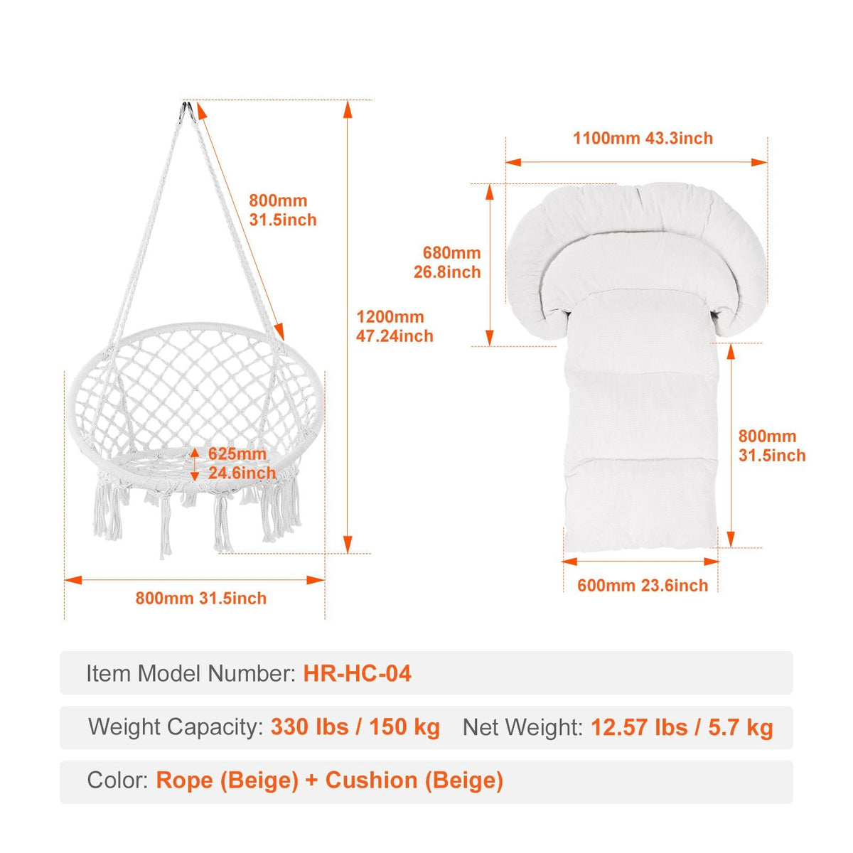 Hanging Hammock Swing Chair, 330 Lbs Capacity, Macramé Hanging Chair with Cushion and Mounting Hardware, Cotton Rope Swing Chair for Bedroom, Balcony, Patio, Garden, Beige